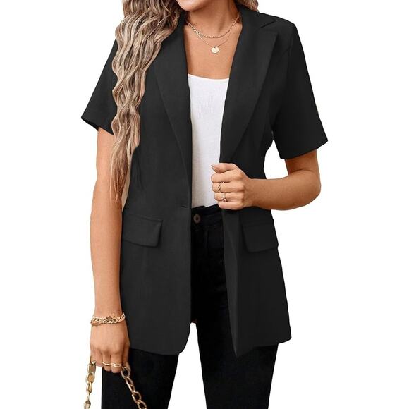 Mina Self Jackets & Blazers - Mina Self Short Sleeve Summer Blazer Black XL Lined Lightweight Cotton Blend
